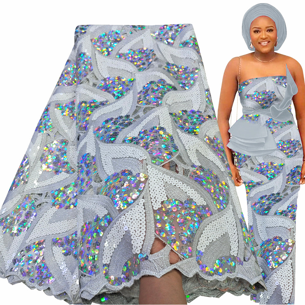 African Luxury Hand Cut Lace Fabric Evening Sequins Embroidery 5 Yards