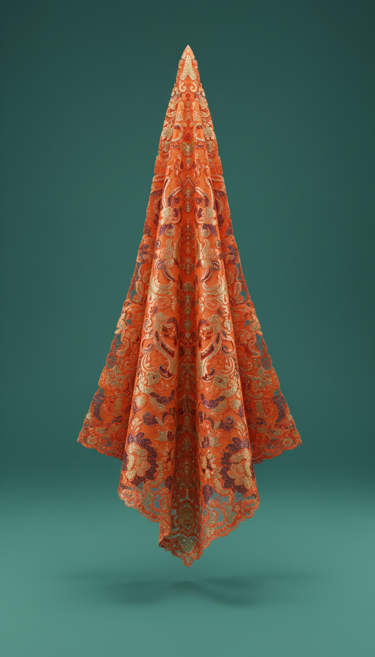 Vivid tangerine metallic-embroidered lace fabric