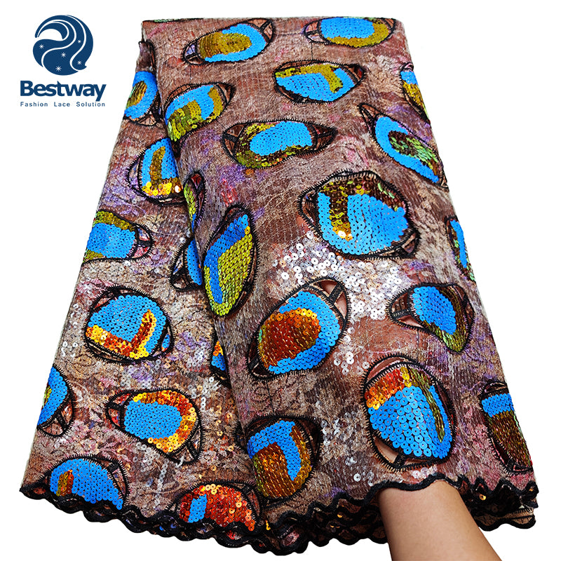 Bestway African Hand Cut Sequence Chantilly Lace Fabric 5 Yards For Aso Ebi FL0902