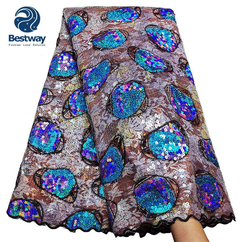 Bestway African Hand Cut Sequence Chantilly Lace Fabric 5 Yards For Aso Ebi FL0902