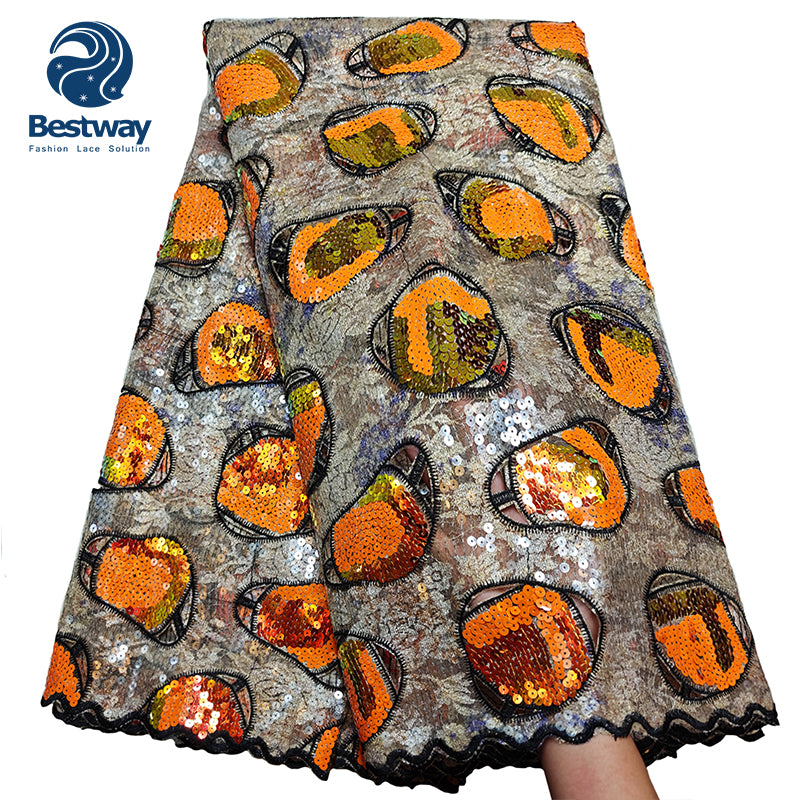 Bestway African Hand Cut Sequence Chantilly Lace Fabric 5 Yards For Aso Ebi FL0902