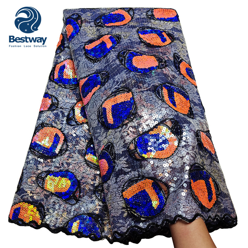 Bestway African Hand Cut Sequence Chantilly Lace Fabric 5 Yards For Aso Ebi FL0902