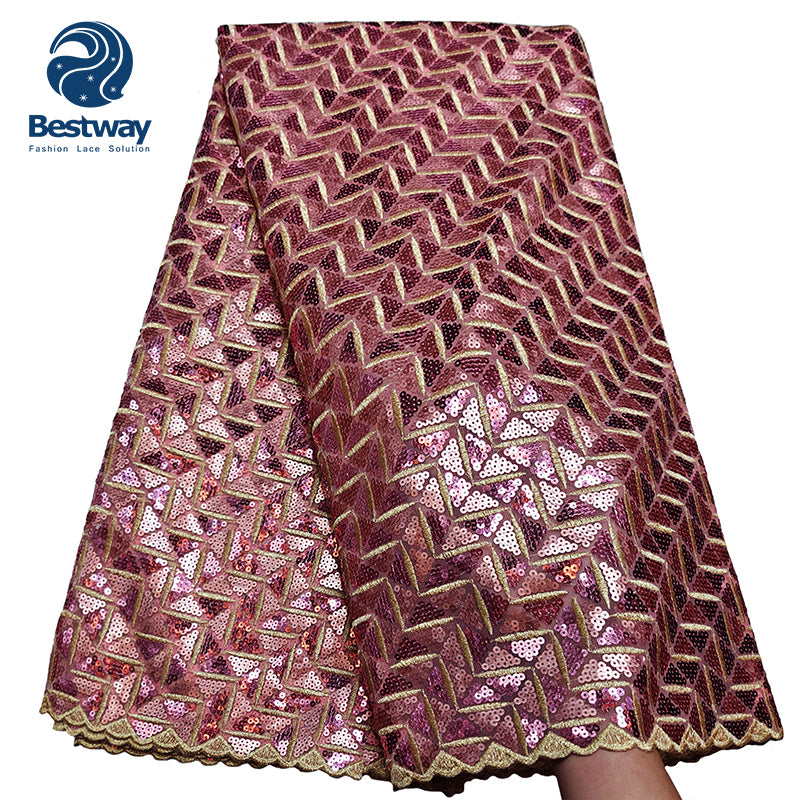 Bestway African Aso Ebi  Bridal Sequence Double Net Lace Fabric 5 Yards FL0903