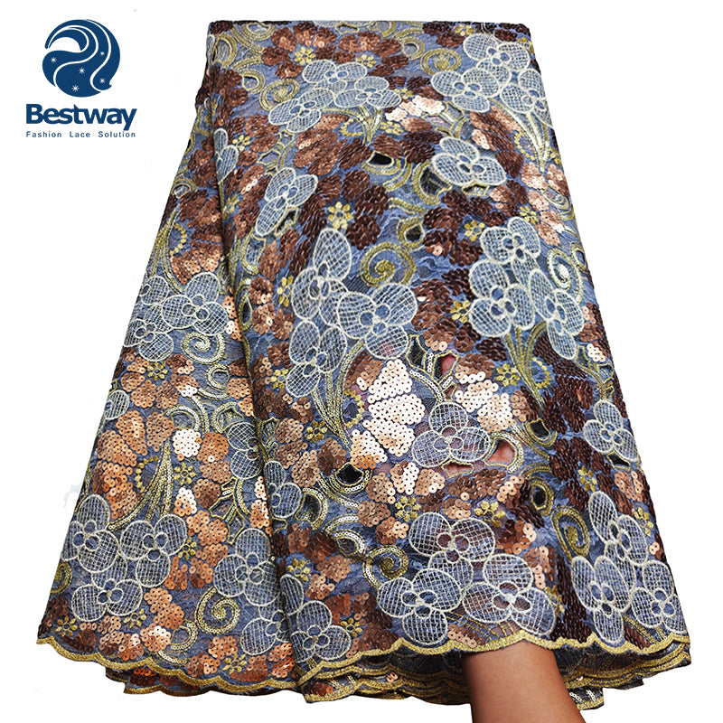 Bestway African Aso Ebi Bridal Sequence Hand Cut Chantilly Lace Fabric 5 Yards FL0912
