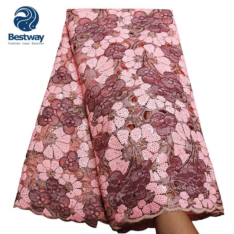 Bestway African Aso Ebi Bridal Sequence Hand Cut Chantilly Lace Fabric 5 Yards FL0912