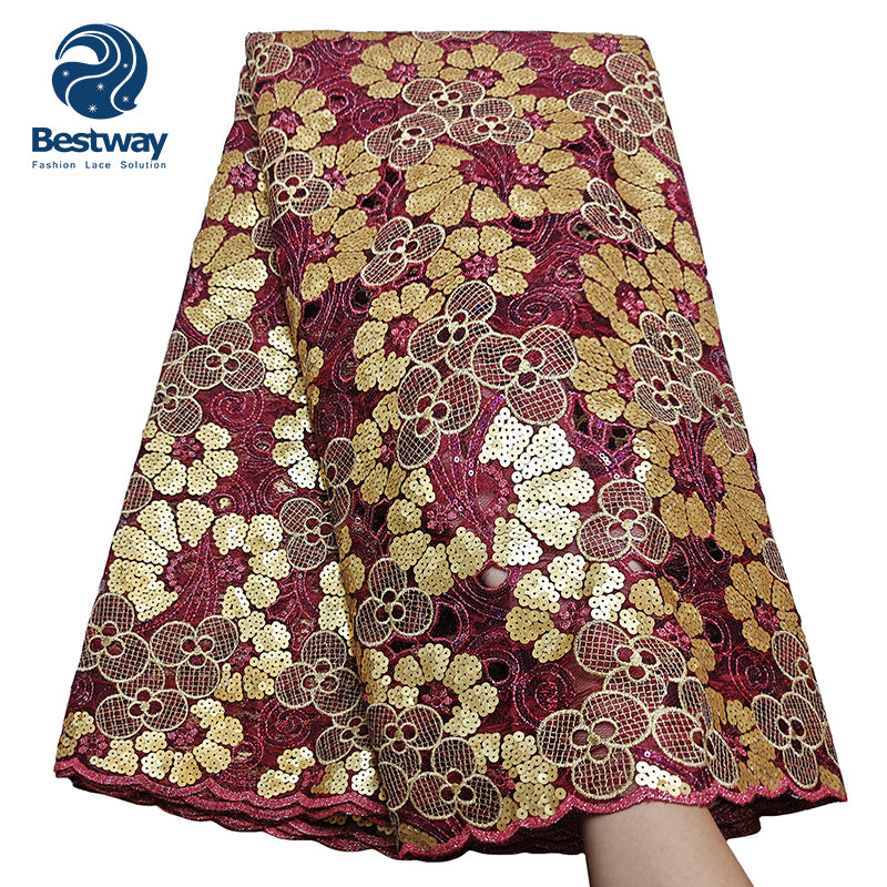 Bestway African Aso Ebi Bridal Sequence Hand Cut Chantilly Lace Fabric 5 Yards FL0912