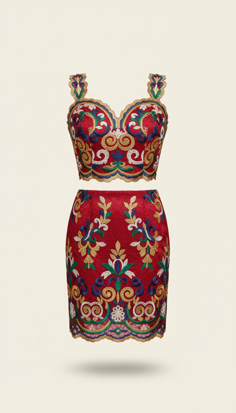 Ceremonial Crimson Embroidered Lace Set