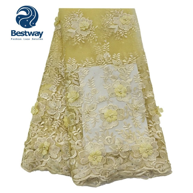 Elegant French Net Embroidered 3D Applique Lace Fabric with Beads and Rhinestones